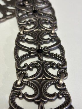 Heavyweight Silver Filigree Panel Belt - Western Link Belt - Black Stone Accents
